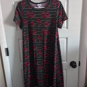 LuLaRoe Striped Dress with Red Floral Accents